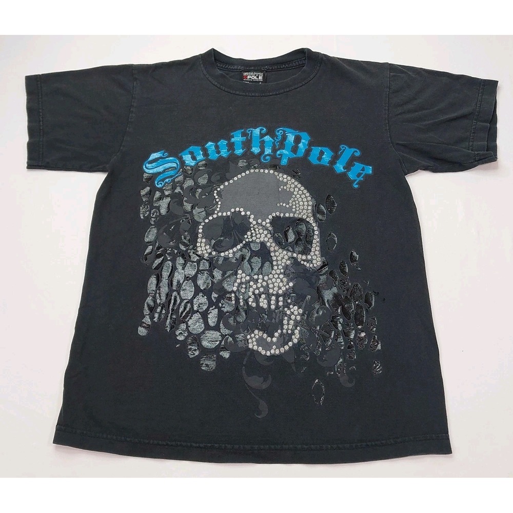 Vintage Y2K Southpole Glitter Black Skull Graphic T-Shirt Size Small
